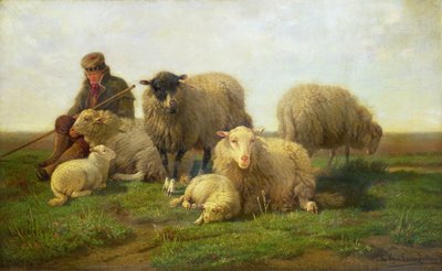 Un berger avec des moutons et des agneaux - Cornelis van Leemputten